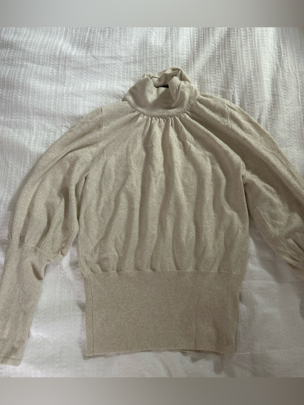 Express Turtleneck Puff-Sleeve Sweater in Light Beige